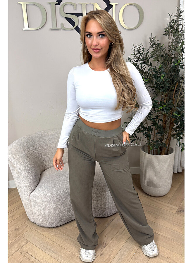 KHAKI GREEN - 'DISINO LOUNGE PANTS' - HIGH WAIST LOGOBAND PANTALON