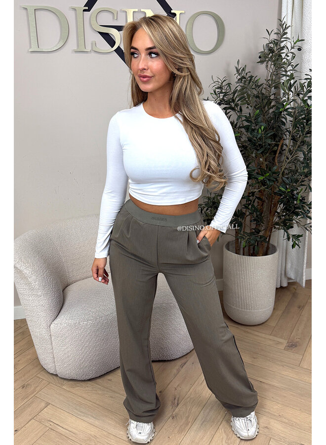 KHAKI GREEN - 'DISINO LOUNGE PANTS' - HIGH WAIST LOGOBAND PANTALON