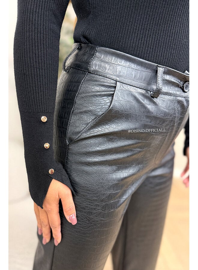BLACK - 'SKYLA CROCO' - HIGH WAIST VEGAN LEATHER STRAIGHT LEG PANTS