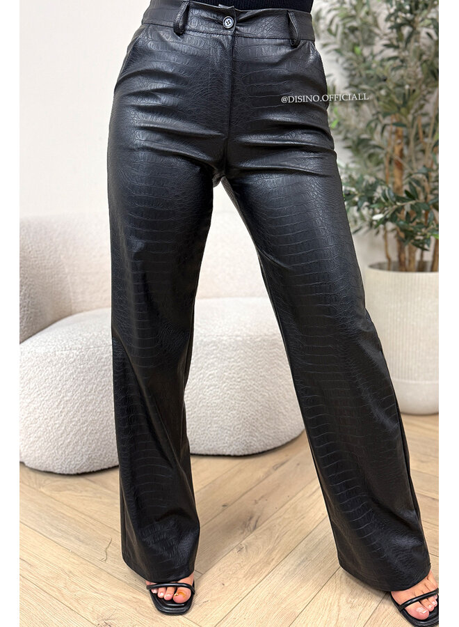 BLACK - 'SKYLA CROCO' - HIGH WAIST VEGAN LEATHER STRAIGHT LEG PANTS
