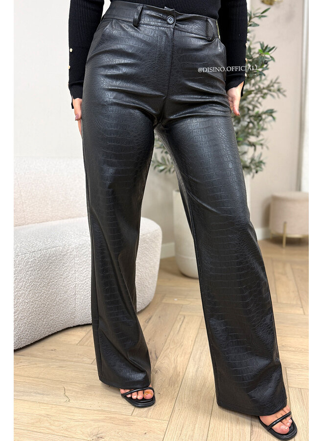 BLACK - 'SKYLA CROCO' - HIGH WAIST VEGAN LEATHER STRAIGHT LEG PANTS