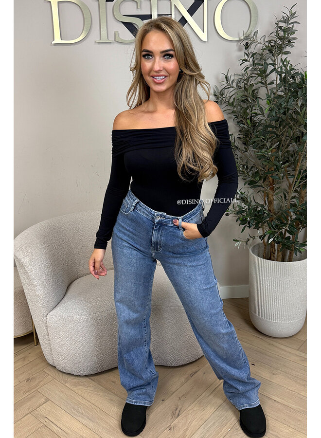 BLACK - 'JESSE BODY' - RUCHED OFF SHOULDER BODYSUIT