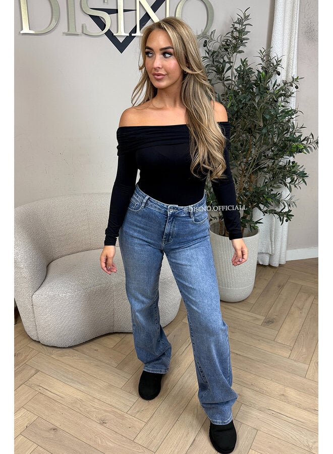 BLACK - 'JESSE BODY' - RUCHED OFF SHOULDER BODYSUIT