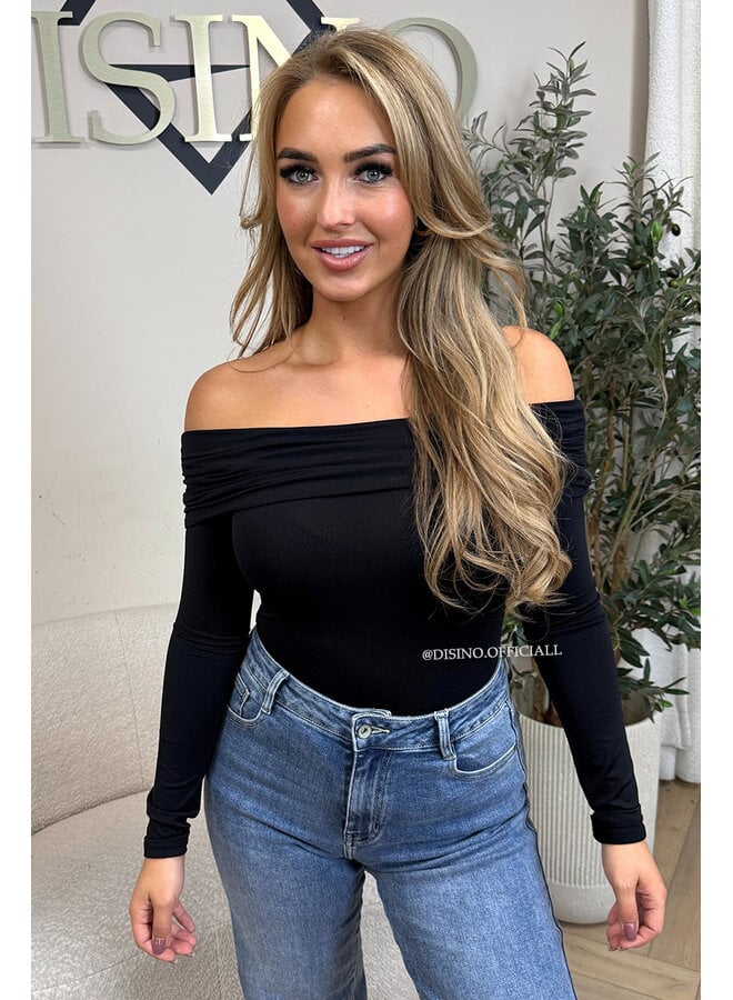 BLACK - 'JESSE BODY' - RUCHED OFF SHOULDER BODYSUIT