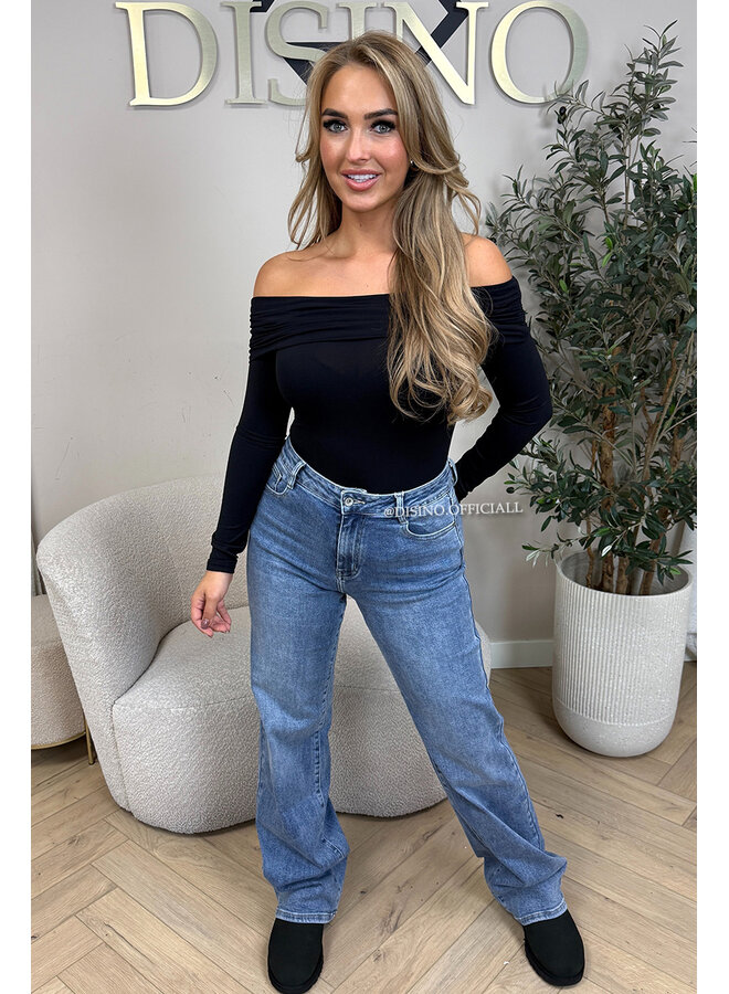 BLACK - 'JESSE BODY' - RUCHED OFF SHOULDER BODYSUIT