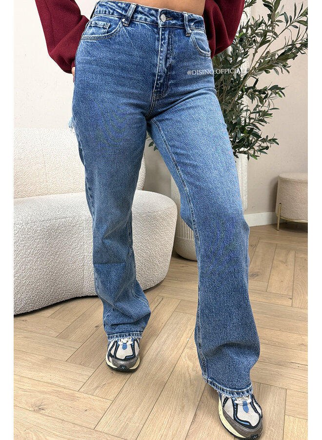 DARK BLUE - 'BERLIN' - STRETCH VIRAL RIPPED WIDE LEG JEANS