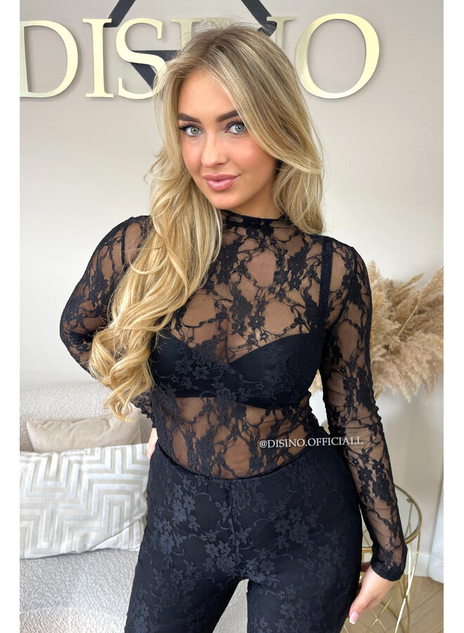 BLACK - 'OLIVIA SET' - STRETCH LACE BODYSUIT + SPLIT FLARE