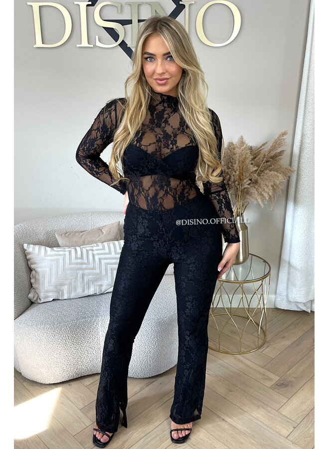 BLACK - 'OLIVIA SET' - STRETCH LACE BODYSUIT + SPLIT FLARE
