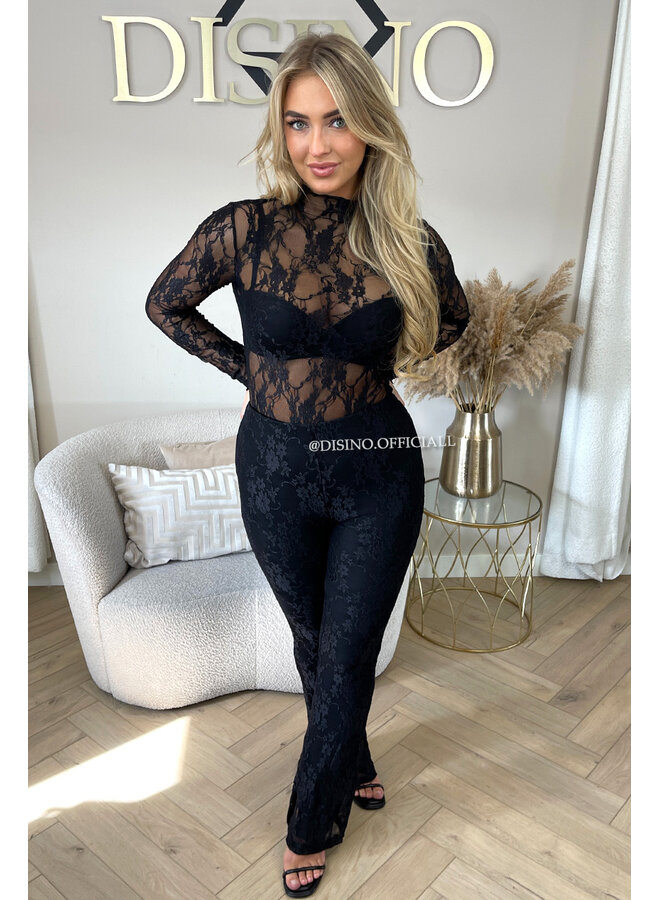 BLACK - 'OLIVIA SET' - STRETCH LACE BODYSUIT + SPLIT FLARE