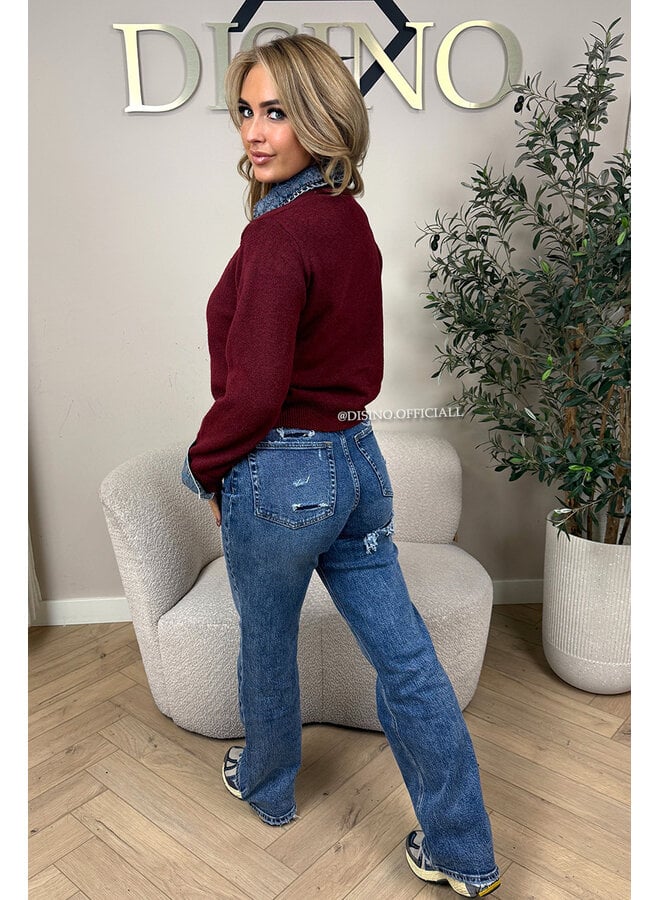 BORDEAUX - 'NELIA KNIT' - DENIM SLEEVE OVERSIZED KNIT SWEATER