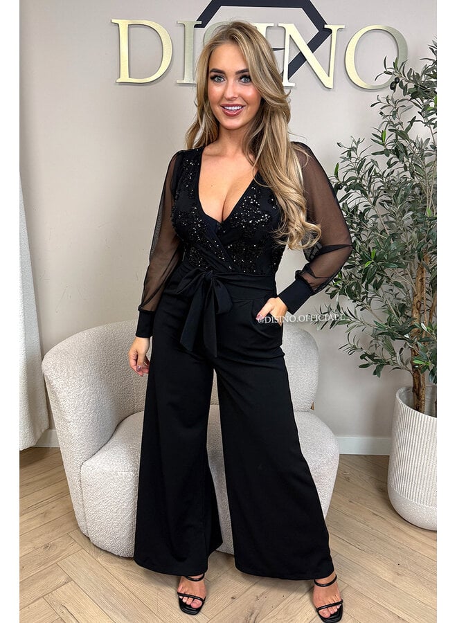 BLACK - 'JULIA JUMPSUIT' - SEQUIN TOP STRETCH JUMPSUIT