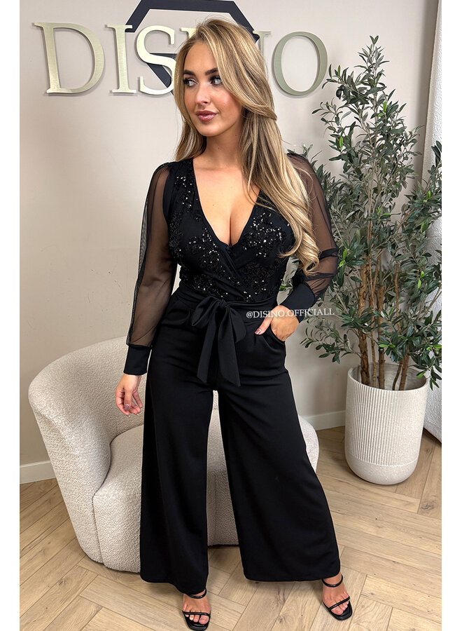 BLACK - 'JULIA JUMPSUIT' - SEQUIN TOP STRETCH JUMPSUIT