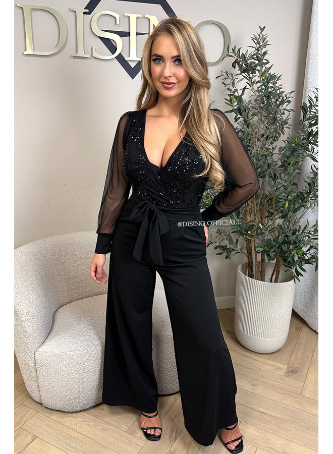 BLACK - 'JULIA JUMPSUIT' - SEQUIN TOP STRETCH JUMPSUIT