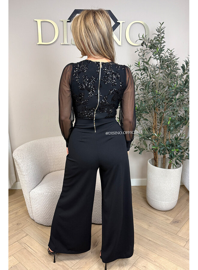 BLACK - 'JULIA JUMPSUIT' - SEQUIN TOP STRETCH JUMPSUIT