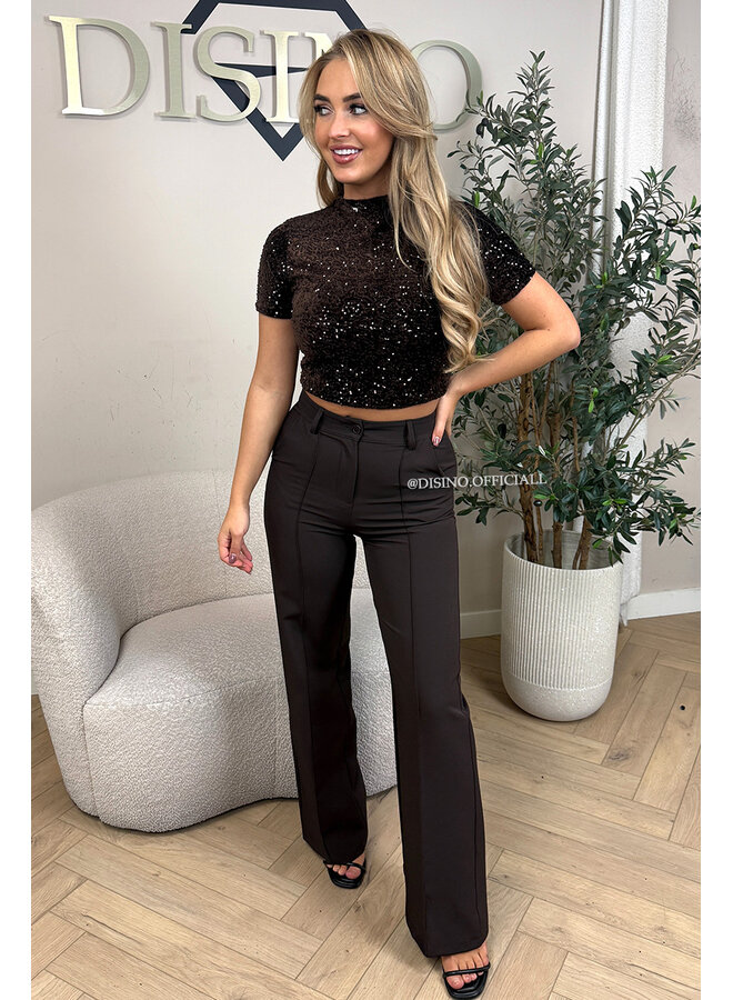 DARK CHOCO - 'KIANA PANTS' - PERFECT FIT HIGH WAIST STRAIGHT PANTALON