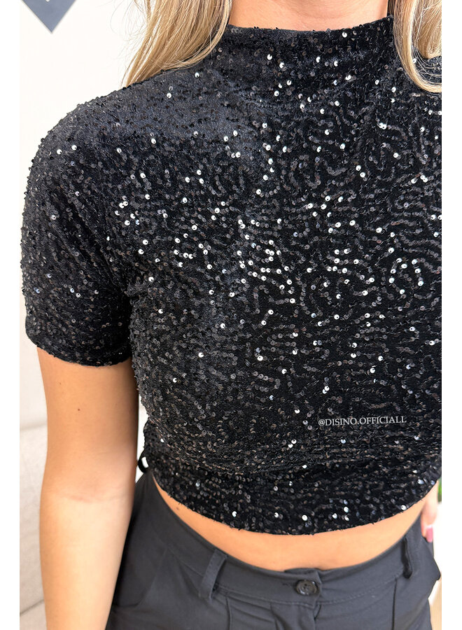 BLACK - 'NAYA TOP' - SHORT SLEEVE ALL OVER SEQUIN TOP