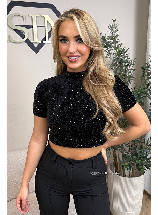BLACK - 'NAYA TOP' - SHORT SLEEVE ALL OVER SEQUIN TOP