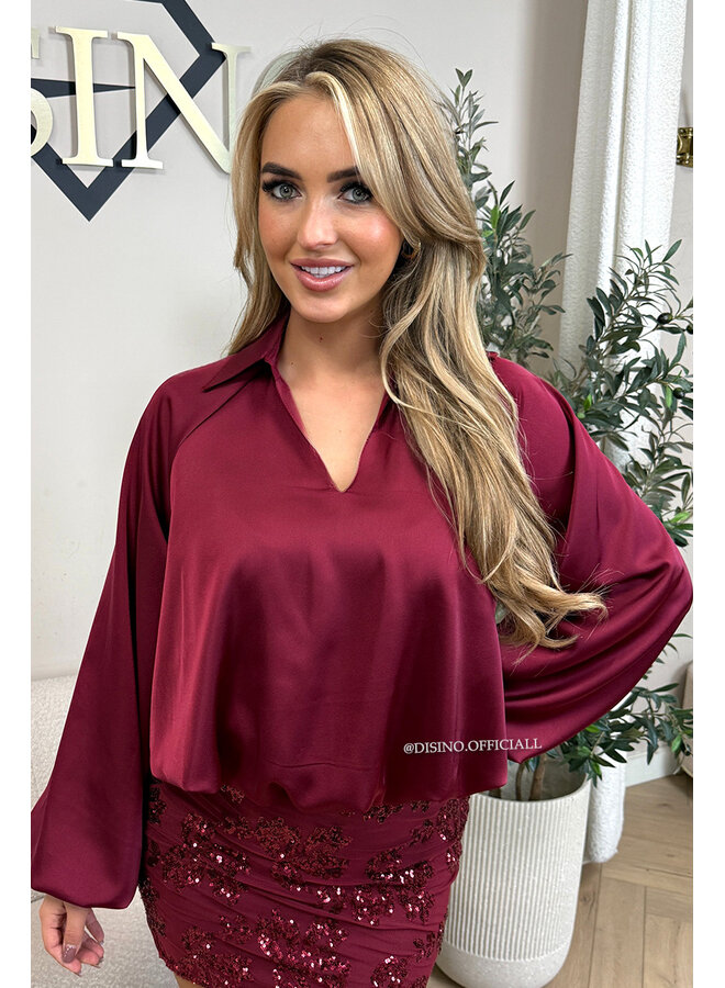 BORDEAUX - 'JOYCE' - SILKY SATIN OVERSIZED V-NECK BLOUSE