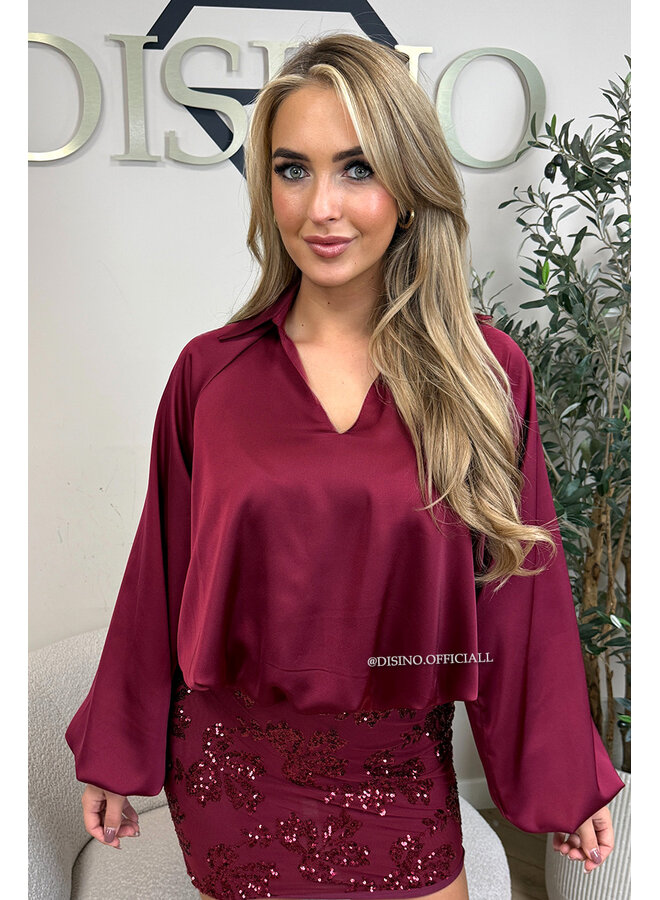 BORDEAUX - 'JOYCE' - SILKY SATIN OVERSIZED V-NECK BLOUSE
