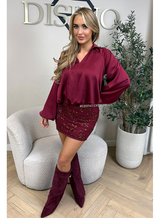 BORDEAUX - 'JOYCE' - SILKY SATIN OVERSIZED V-NECK BLOUSE