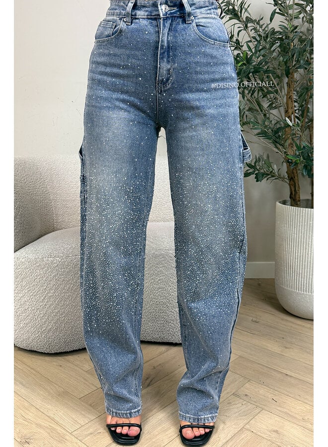BLUE - 'CARGO DIAMOND JEANS' - STRETCH DIAMONDS ALL OVER BALLOON LEG JEANS