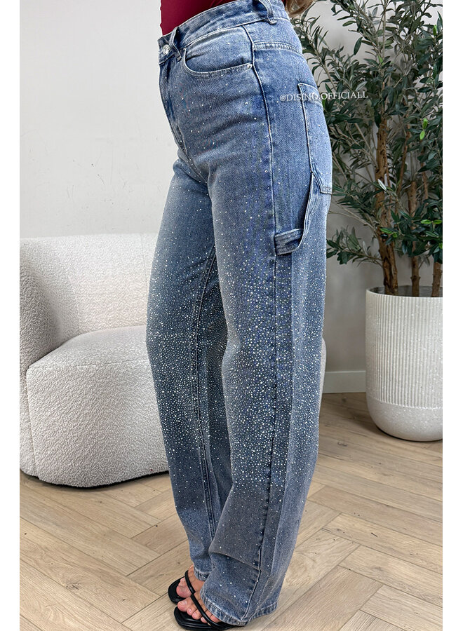 BLUE - 'LUMIÉRE JEANS' - STRETCH DIAMONDS ALL OVER BALLOON LEG JEANS