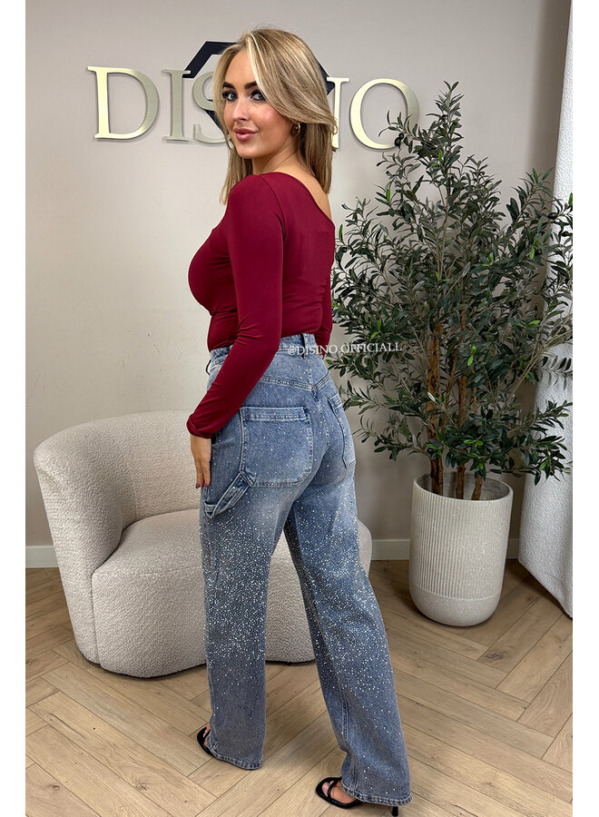 BLUE - 'LUMIÉRE JEANS' - STRETCH DIAMONDS ALL OVER BALLOON LEG JEANS