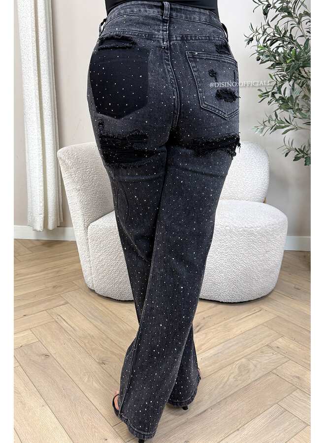 BLACK - 'MELBOURNE RHINESTONE' - STRETCH VIRAL RIPPED BACK STRAIGHT LEG JEANS