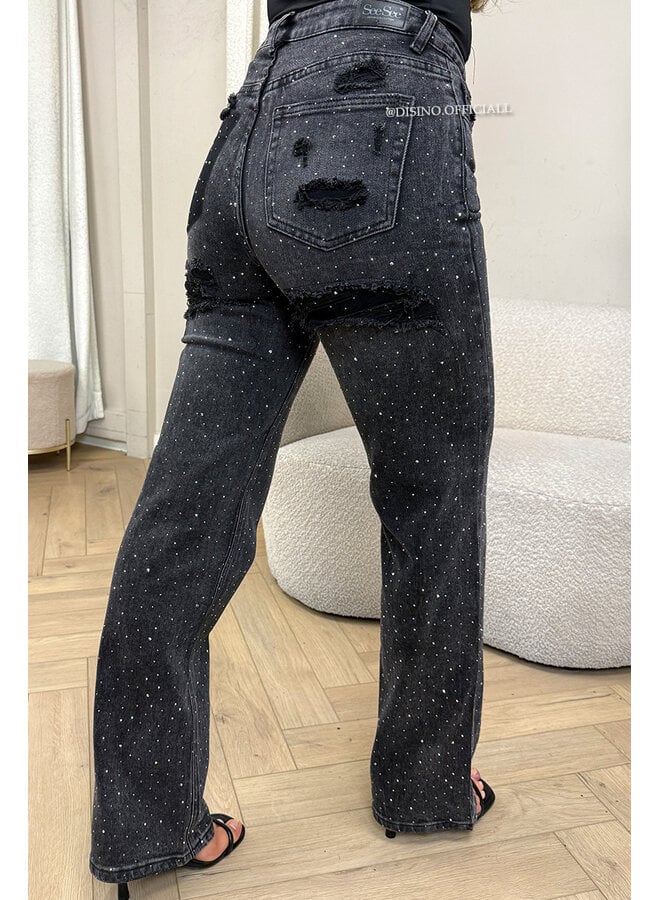 BLACK - 'MELBOURNE RHINESTONE' - STRETCH VIRAL RIPPED BACK STRAIGHT LEG JEANS