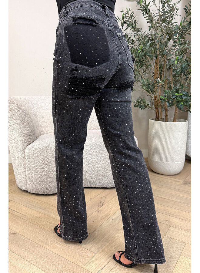 BLACK - 'MELBOURNE RHINESTONE' - STRETCH VIRAL RIPPED BACK STRAIGHT LEG JEANS
