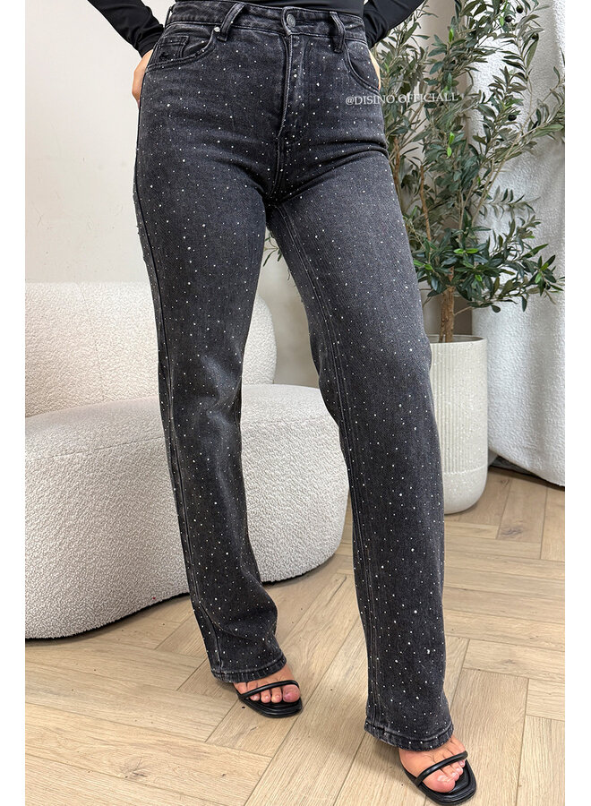 BLACK - 'MELBOURNE RHINESTONE' - STRETCH VIRAL RIPPED BACK STRAIGHT LEG JEANS