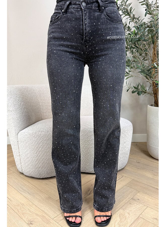 BLACK - 'MELBOURNE RHINESTONE' - STRETCH VIRAL RIPPED BACK STRAIGHT LEG JEANS