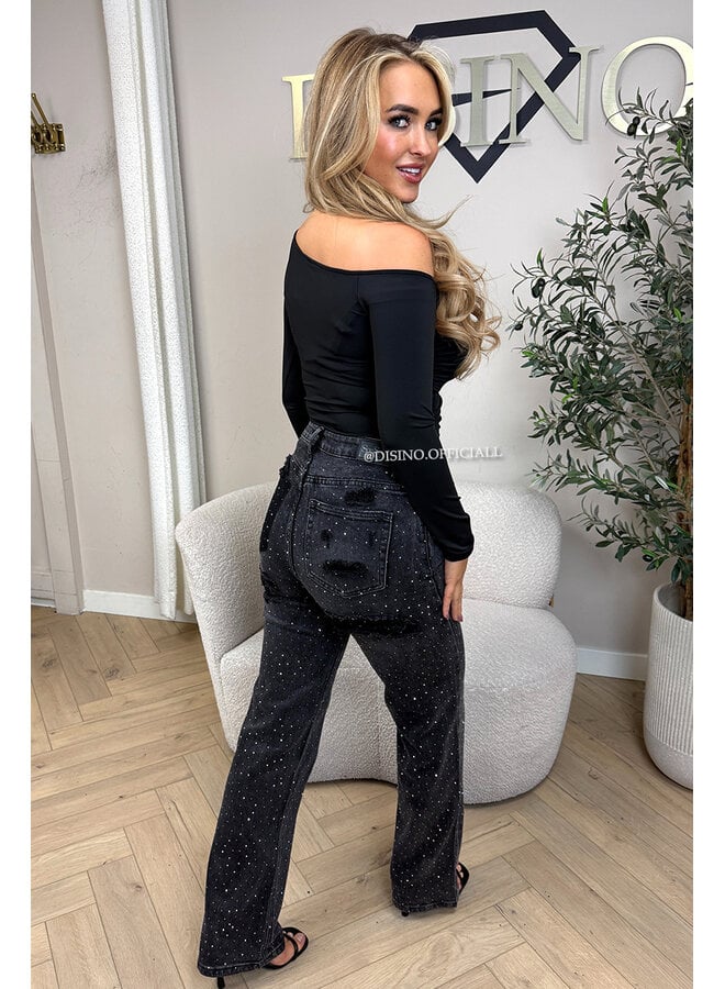 BLACK - 'MELBOURNE RHINESTONE' - STRETCH VIRAL RIPPED BACK STRAIGHT LEG JEANS