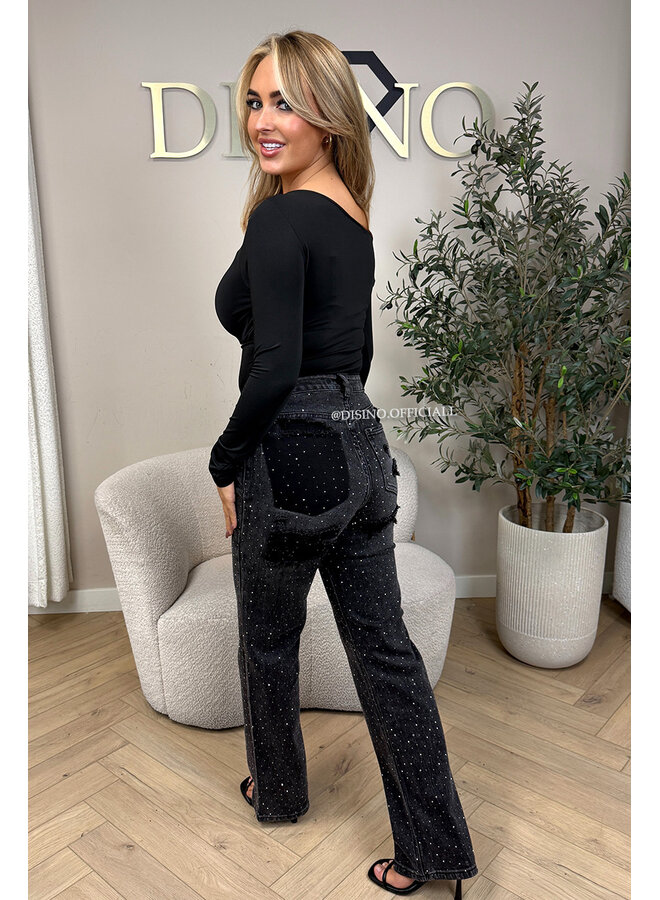 BLACK - 'MELBOURNE RHINESTONE' - STRETCH VIRAL RIPPED BACK STRAIGHT LEG JEANS