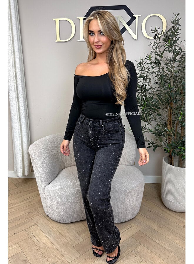 BLACK - 'MELBOURNE RHINESTONE' - STRETCH VIRAL RIPPED BACK STRAIGHT LEG JEANS