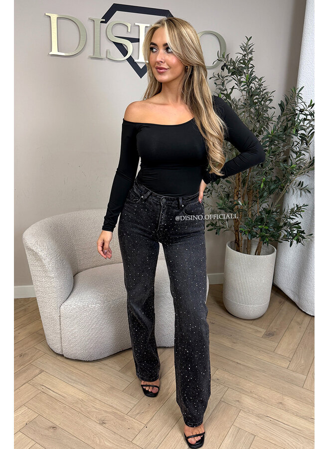BLACK - 'MELBOURNE RHINESTONE' - STRETCH VIRAL RIPPED BACK STRAIGHT LEG JEANS