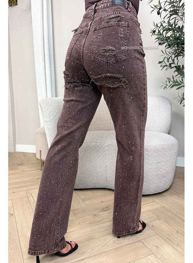 CHOCO - 'MELBOURNE RHINESTONE' - STRETCH VIRAL RIPPED BACK STRAIGHT LEG JEANS