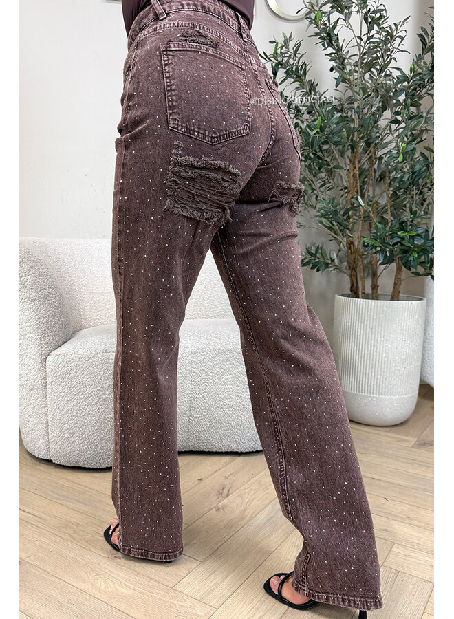 CHOCO - 'MELBOURNE RHINESTONE' - STRETCH VIRAL RIPPED BACK STRAIGHT LEG JEANS