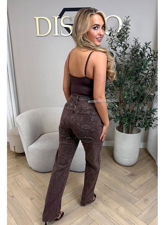 CHOCO - 'MELBOURNE RHINESTONE' - STRETCH VIRAL RIPPED BACK STRAIGHT LEG JEANS