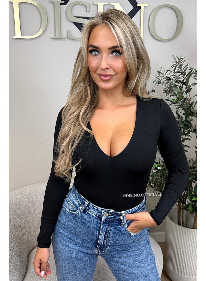 BLACK - 'VICKY BODY' - TRAVEL QUALITY V-NECK LONGSLEEVE BODYSUIT