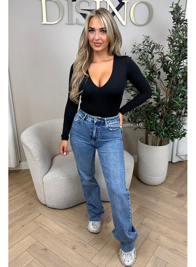 BLACK - 'VICKY BODY' - TRAVEL QUALITY V-NECK LONGSLEEVE BODYSUIT