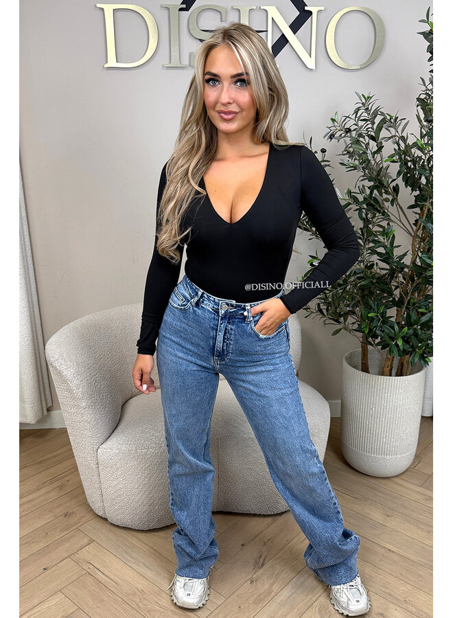 BLACK - 'VICKY BODY' - TRAVEL QUALITY V-NECK LONGSLEEVE BODYSUIT