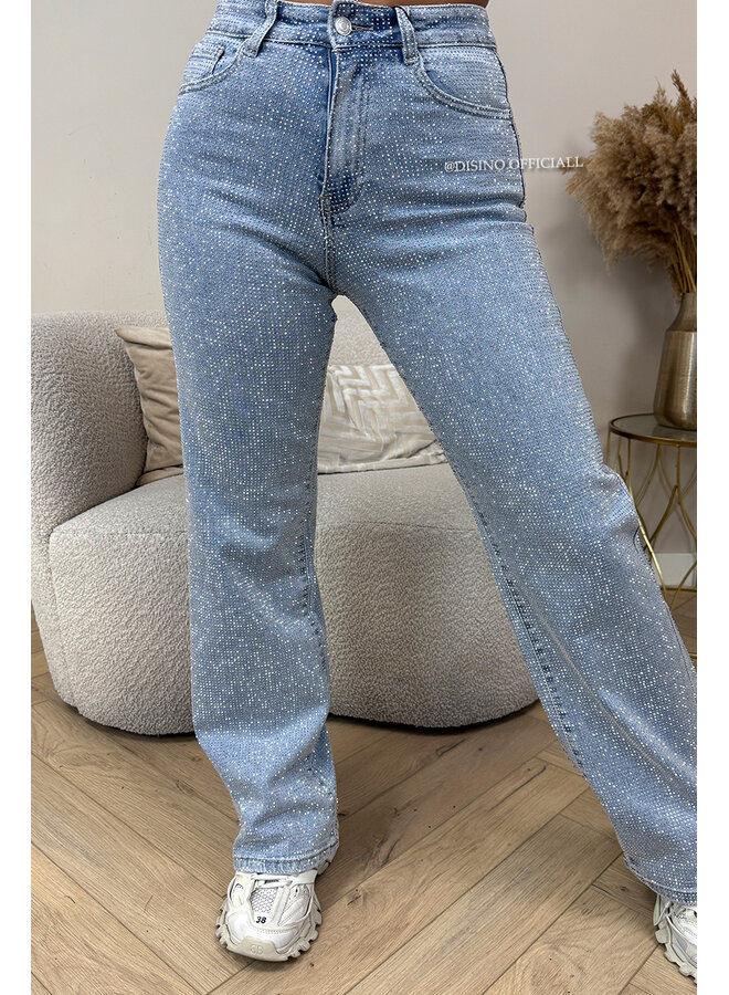 BLUE - 'CELINA DIAMONDS JEANS' - EXCLUSIVE STRETCH RHINESTONE WIDE LEG JEANS