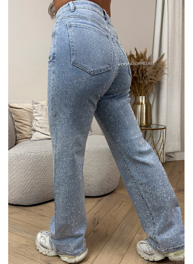 BLUE - 'CELINA DIAMONDS JEANS' - EXCLUSIVE STRETCH RHINESTONE WIDE LEG JEANS