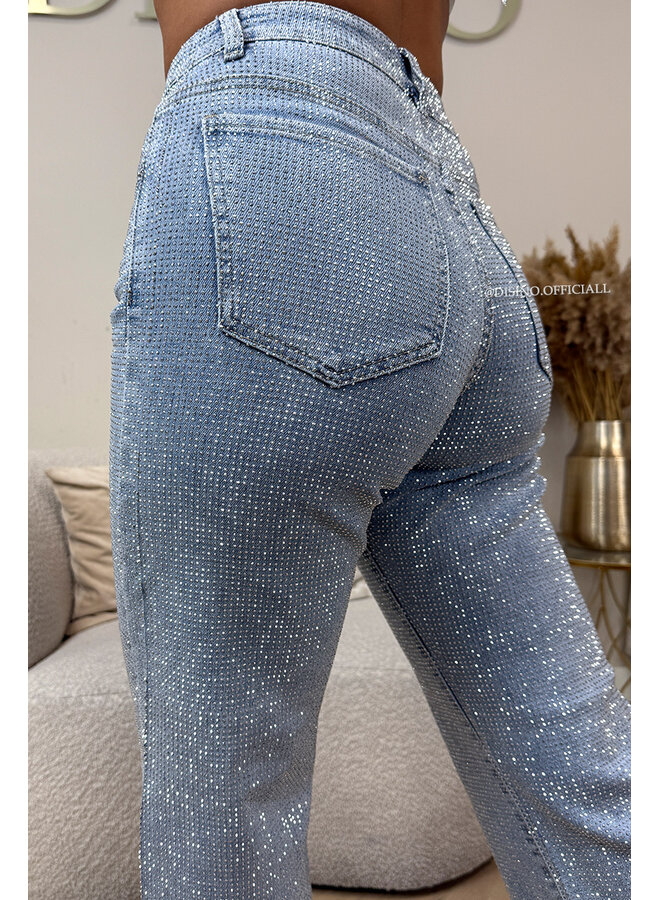 BLUE - 'CELINA DIAMONDS JEANS' - EXCLUSIVE STRETCH RHINESTONE WIDE LEG JEANS
