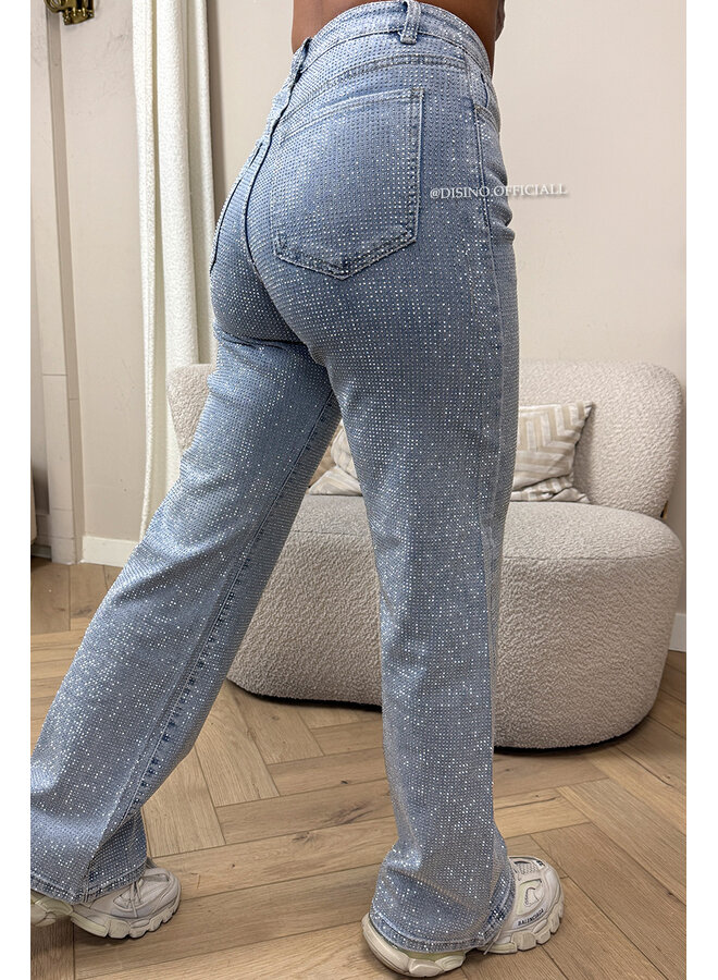 BLUE - 'CELINA DIAMONDS JEANS' - EXCLUSIVE STRETCH RHINESTONE WIDE LEG JEANS