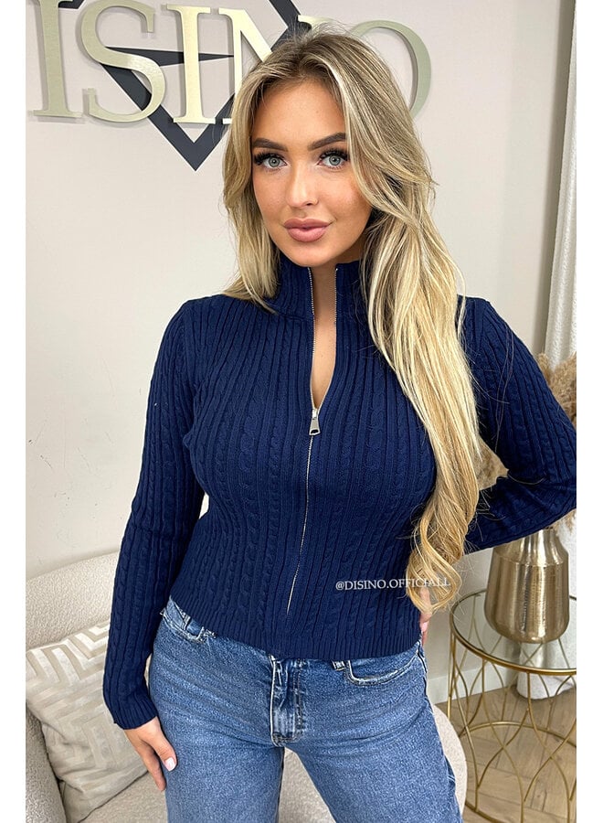 NAVY BLUE - 'GULSEN' - SOFT KNITTED ZIPPER CARDIGAN TOP