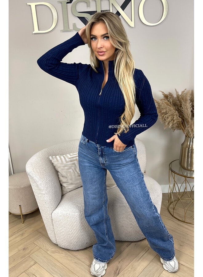 NAVY BLUE - 'GULSEN' - SOFT KNITTED ZIPPER CARDIGAN TOP