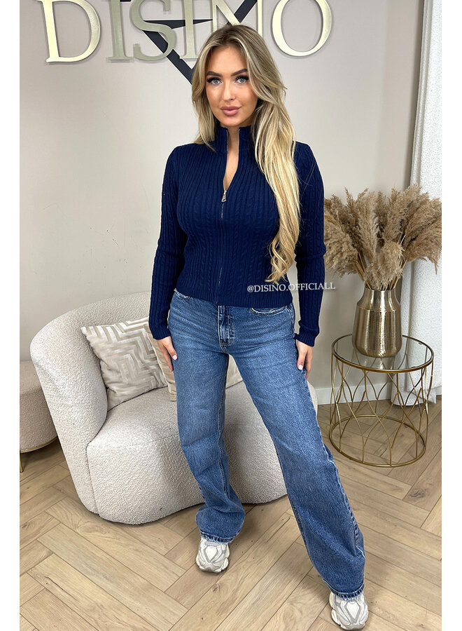 NAVY BLUE - 'GULSEN' - SOFT KNITTED ZIPPER CARDIGAN TOP
