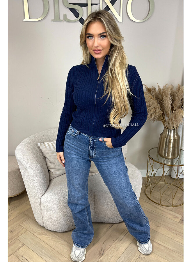 NAVY BLUE - 'GULSEN' - SOFT KNITTED ZIPPER CARDIGAN TOP